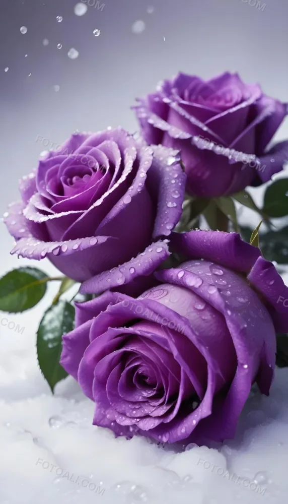 Close Up Of Several Purple Roses Covered In Water Droplets On A Snowy Background 3 30b7
