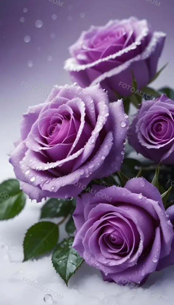 Close Up Of Several Purple Roses Covered In Water Droplets On A Snowy Background 6 0ec6