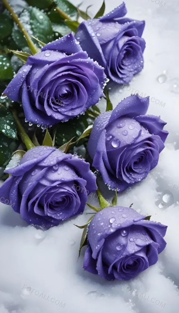 Close Up Of Several Purple Roses Covered In Water Droplets On A Snowy Background 8 42b6