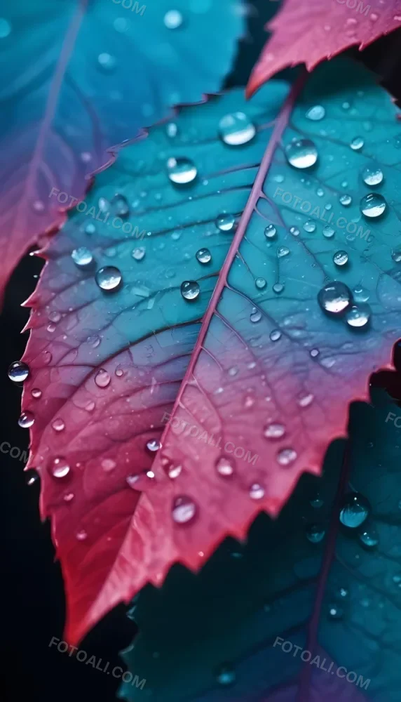 Close Up Of Vibrant Leaves With Droplets Of Water On Their Surface Showcasing A Gradient Of Colors From Deep Purple To Teal The Leaves Have Visible Veins And A Glossy Surface Reflecting Light From The Water Droplets I 11 B821