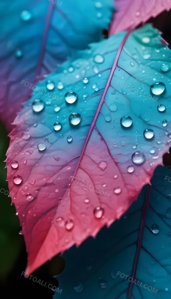Close Up Of Vibrant Leaves With Droplets Of Water On Their Surface Showcasing A Gradient Of Colors From Deep Purple To Teal The Leaves Have Visible Veins And A Glossy Surface Reflecting Light From The Water Droplets I 15 548e