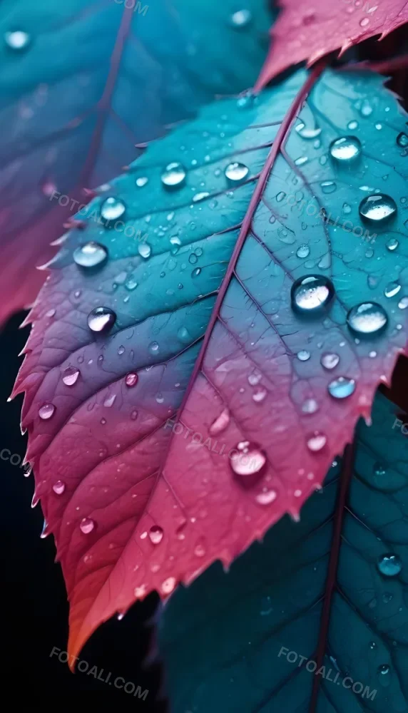 Close Up Of Vibrant Leaves With Droplets Of Water On Their Surface Showcasing A Gradient Of Colors From Deep Purple To Teal The Leaves Have Visible Veins And A Glossy Surface Reflecting Light From The Water Droplets I 17 02b9