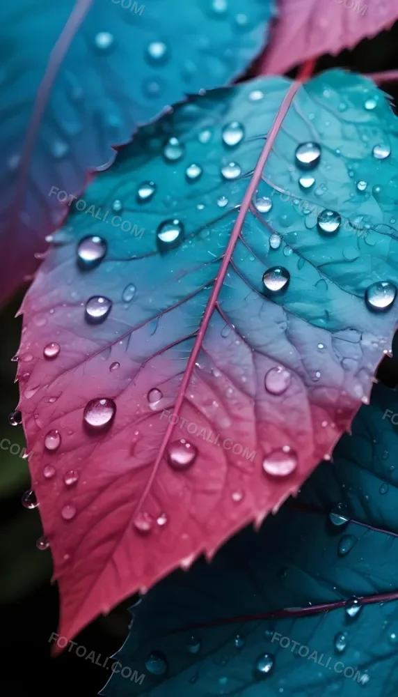Close Up Of Vibrant Leaves With Droplets Of Water On Their Surface Showcasing A Gradient Of Colors From Deep Purple To Teal The Leaves Have Visible Veins And A Glossy Surface Reflecting Light From The Water Droplets I 20 5855