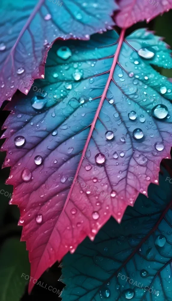 Close Up Of Vibrant Leaves With Droplets Of Water On Their Surface Showcasing A Gradient Of Colors From Deep Purple To Teal The Leaves Have Visible Veins And A Glossy Surface Reflecting Light From The Water Droplets I 29 5daa