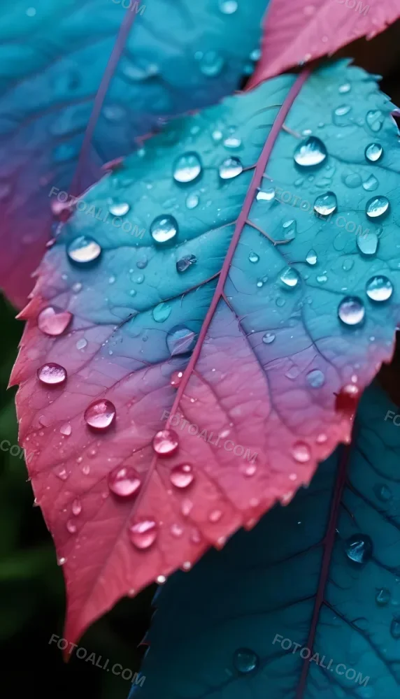 Close Up Of Vibrant Leaves With Droplets Of Water On Their Surface Showcasing A Gradient Of Colors From Deep Purple To Teal The Leaves Have Visible Veins And A Glossy Surface Reflecting Light From The Water Droplets I 33 3ad2
