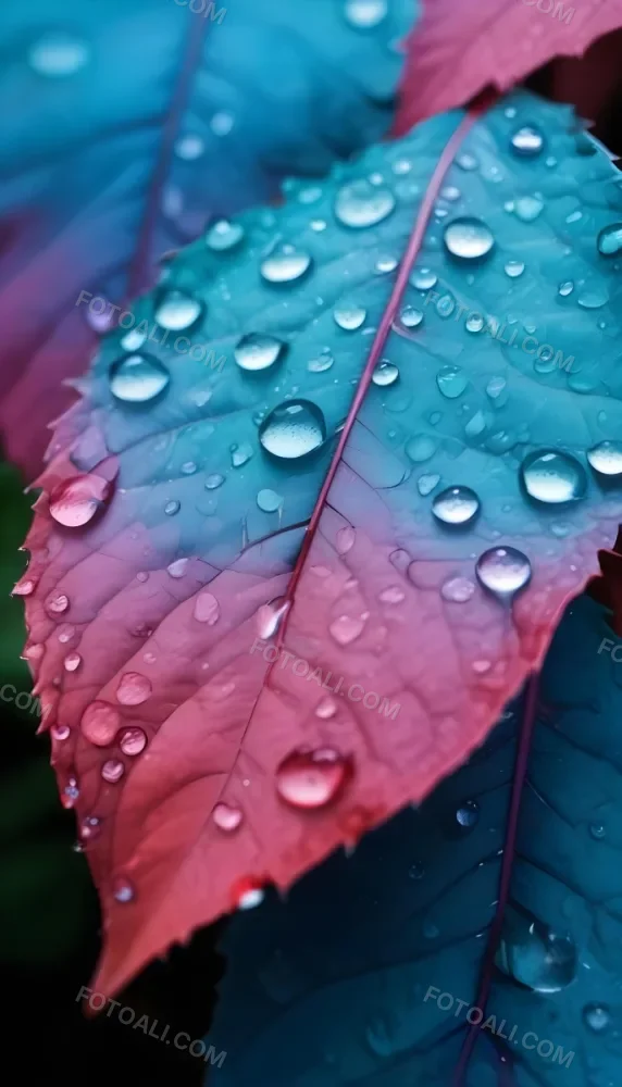 Close Up Of Vibrant Leaves With Droplets Of Water On Their Surface Showcasing A Gradient Of Colors From Deep Purple To Teal The Leaves Have Visible Veins And A Glossy Surface Reflecting Light From The Water Droplets I 34 D26f