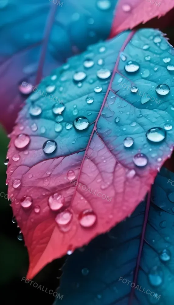 Close Up Of Vibrant Leaves With Droplets Of Water On Their Surface Showcasing A Gradient Of Colors From Deep Purple To Teal The Leaves Have Visible Veins And A Glossy Surface Reflecting Light From The Water Droplets I 35 063d
