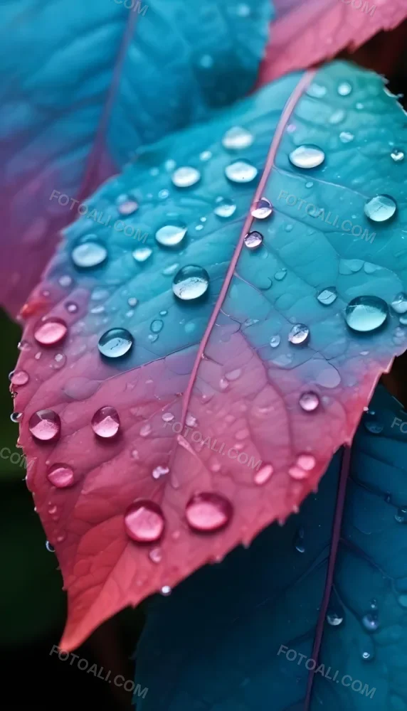 Close Up Of Vibrant Leaves With Droplets Of Water On Their Surface Showcasing A Gradient Of Colors From Deep Purple To Teal The Leaves Have Visible Veins And A Glossy Surface Reflecting Light From The Water Droplets I 36 992c