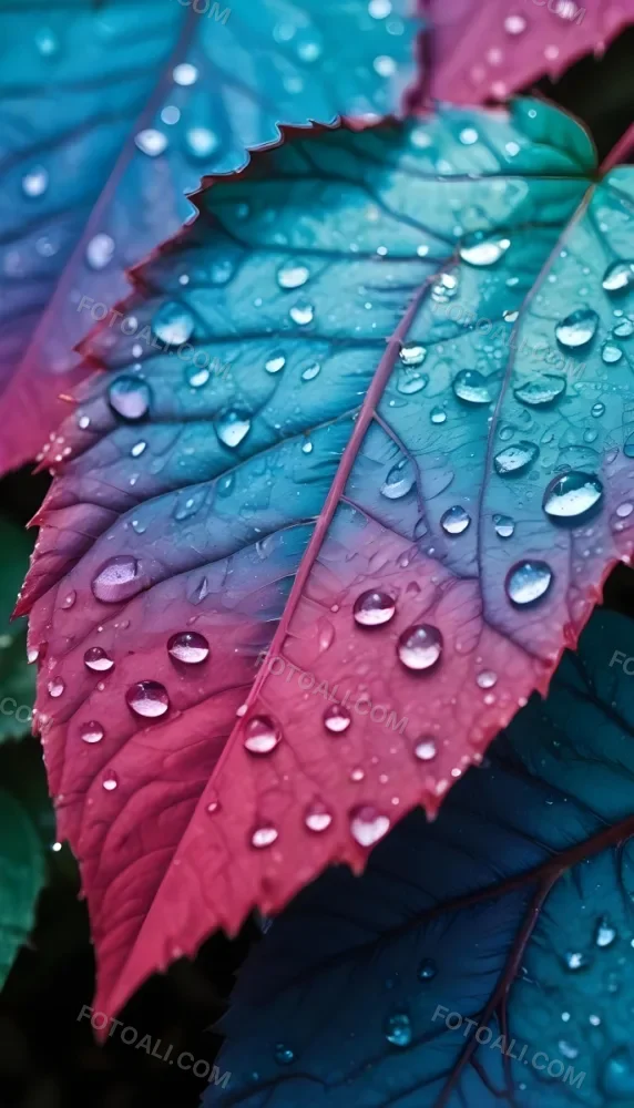 Close Up Of Vibrant Leaves With Droplets Of Water On Their Surface Showcasing A Gradient Of Colors From Deep Purple To Teal The Leaves Have Visible Veins And A Glossy Surface Reflecting Light From The Water Droplets I 37 55c0