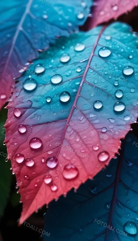 Close Up Of Vibrant Leaves With Droplets Of Water On Their Surface Showcasing A Gradient Of Colors From Deep Purple To Teal The Leaves Have Visible Veins And A Glossy Surface Reflecting Light From The Water Droplets I 38 08ef