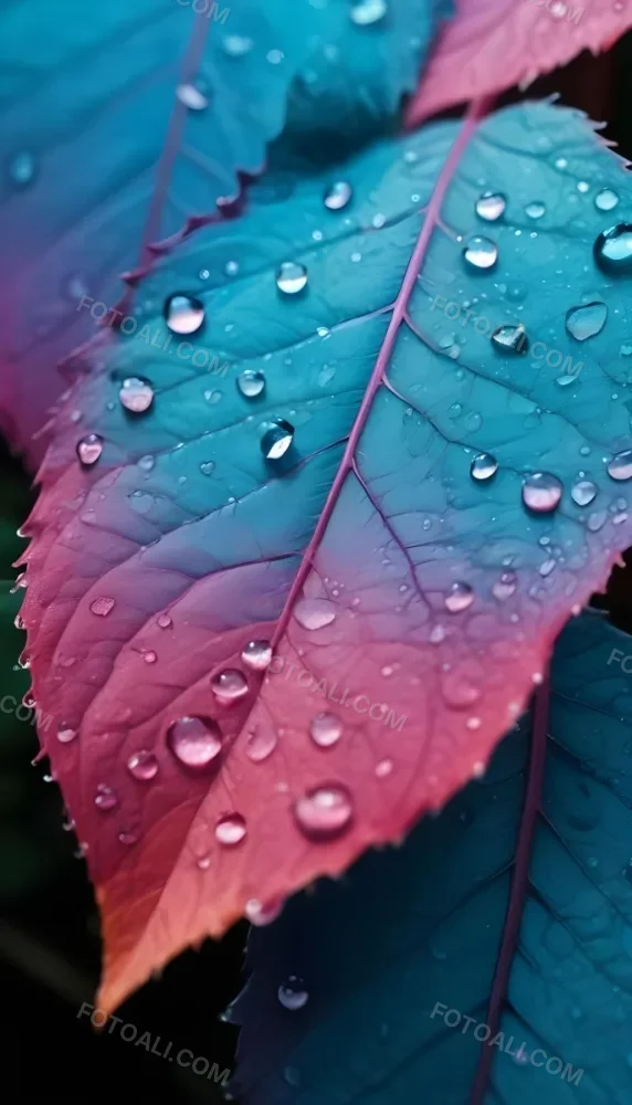 Close Up Of Vibrant Leaves With Droplets Of Water On Their Surface Showcasing A Gradient Of Colors From Deep Purple To Teal The Leaves Have Visible Veins And A Glossy Surface Reflecting Light From The Water Droplets I 4 Fbeb