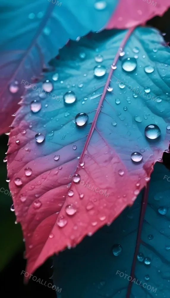 Close Up Of Vibrant Leaves With Droplets Of Water On Their Surface Showcasing A Gradient Of Colors From Deep Purple To Teal The Leaves Have Visible Veins And A Glossy Surface Reflecting Light From The Water Droplets I 7 D4ba