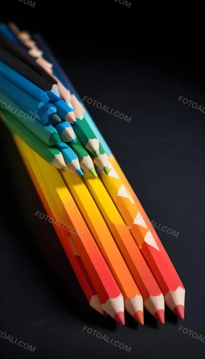 Colored Pencils In A Row Blue Green Cyan Yellow Orange Red And Black On A Dark Background 1 68d6