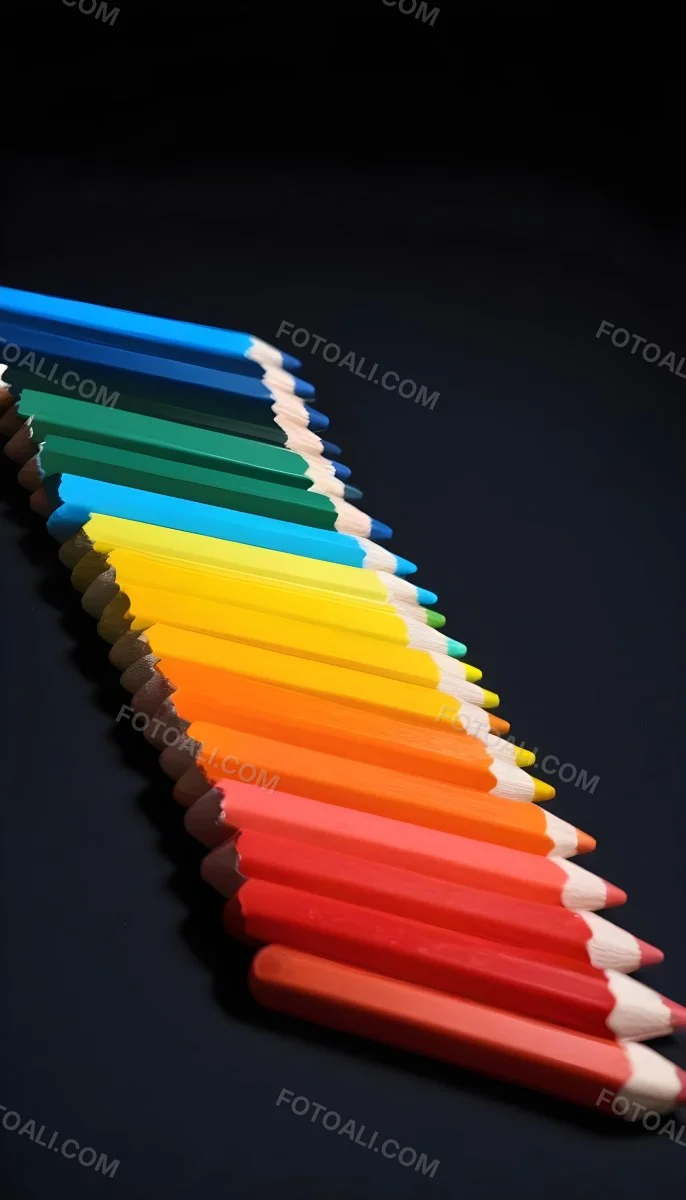 Colored Pencils In A Row Blue Green Cyan Yellow Orange Red And Black On A Dark Background 11 425f