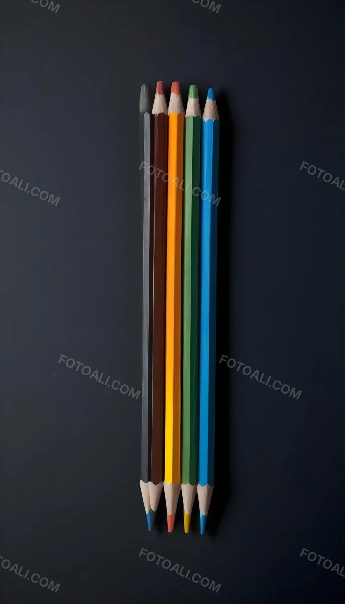 Colored Pencils In A Row Blue Green Cyan Yellow Orange Red And Black On A Dark Background 18 Df8a