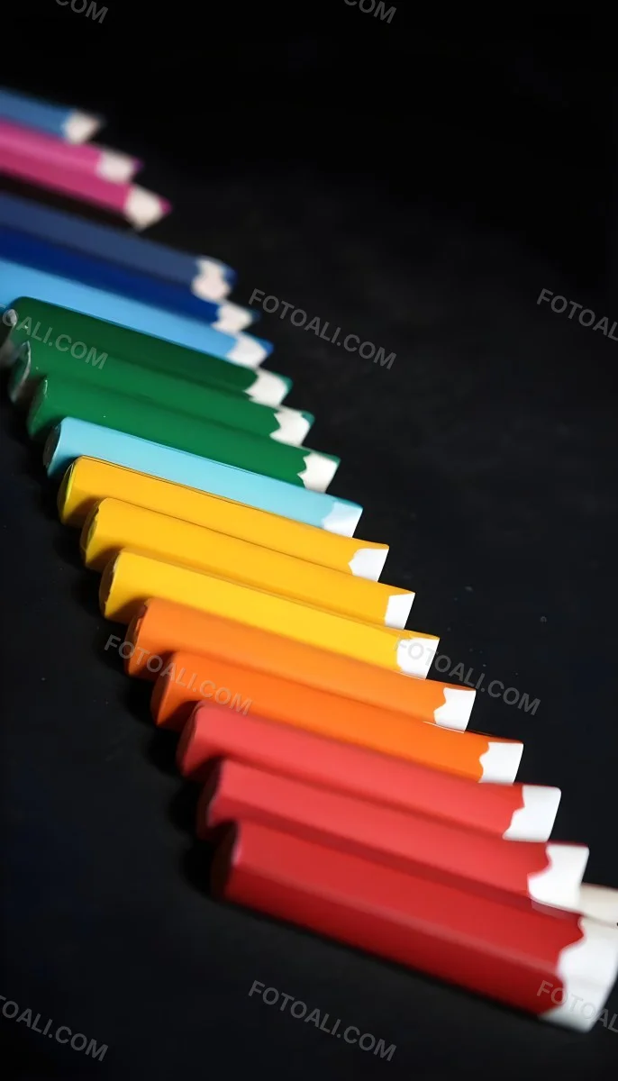 Colored Pencils In A Row Blue Green Cyan Yellow Orange Red And Black On A Dark Background 2 8762