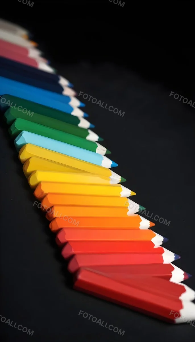 Colored Pencils In A Row Blue Green Cyan Yellow Orange Red And Black On A Dark Background 4 2bf8