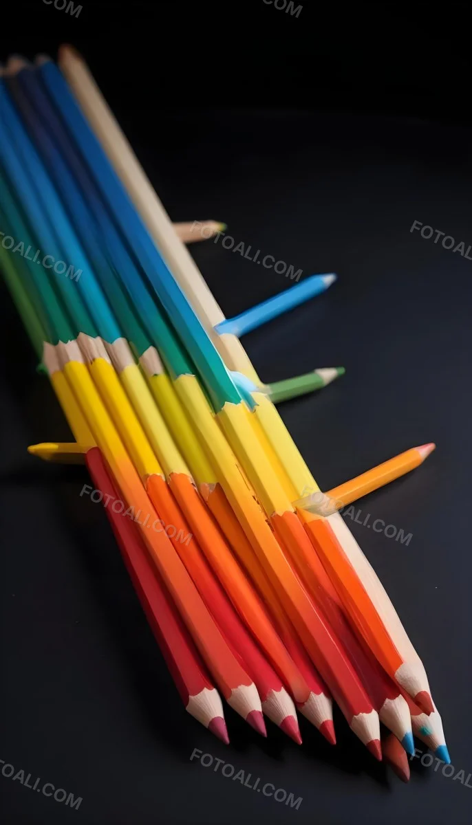 Colored Pencils In A Row Blue Green Cyan Yellow Orange Red And Black On A Dark Background 5 8b94