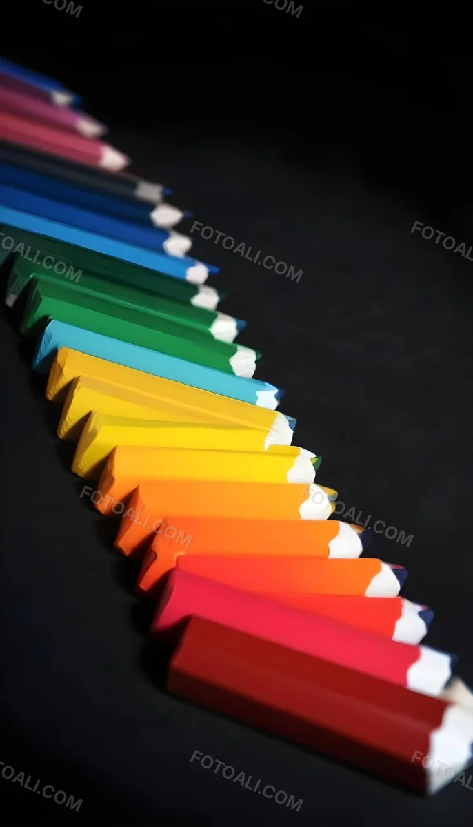 Colored Pencils In A Row Blue Green Cyan Yellow Orange Red And Black On A Dark Background 6 Af08