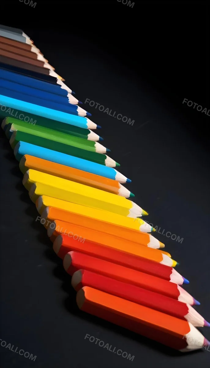 Colored Pencils In A Row Blue Green Cyan Yellow Orange Red And Black On A Dark Background 7 D034