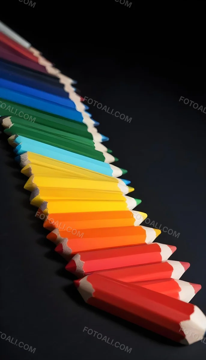 Colored Pencils In A Row Blue Green Cyan Yellow Orange Red And Black On A Dark Background 8 318c