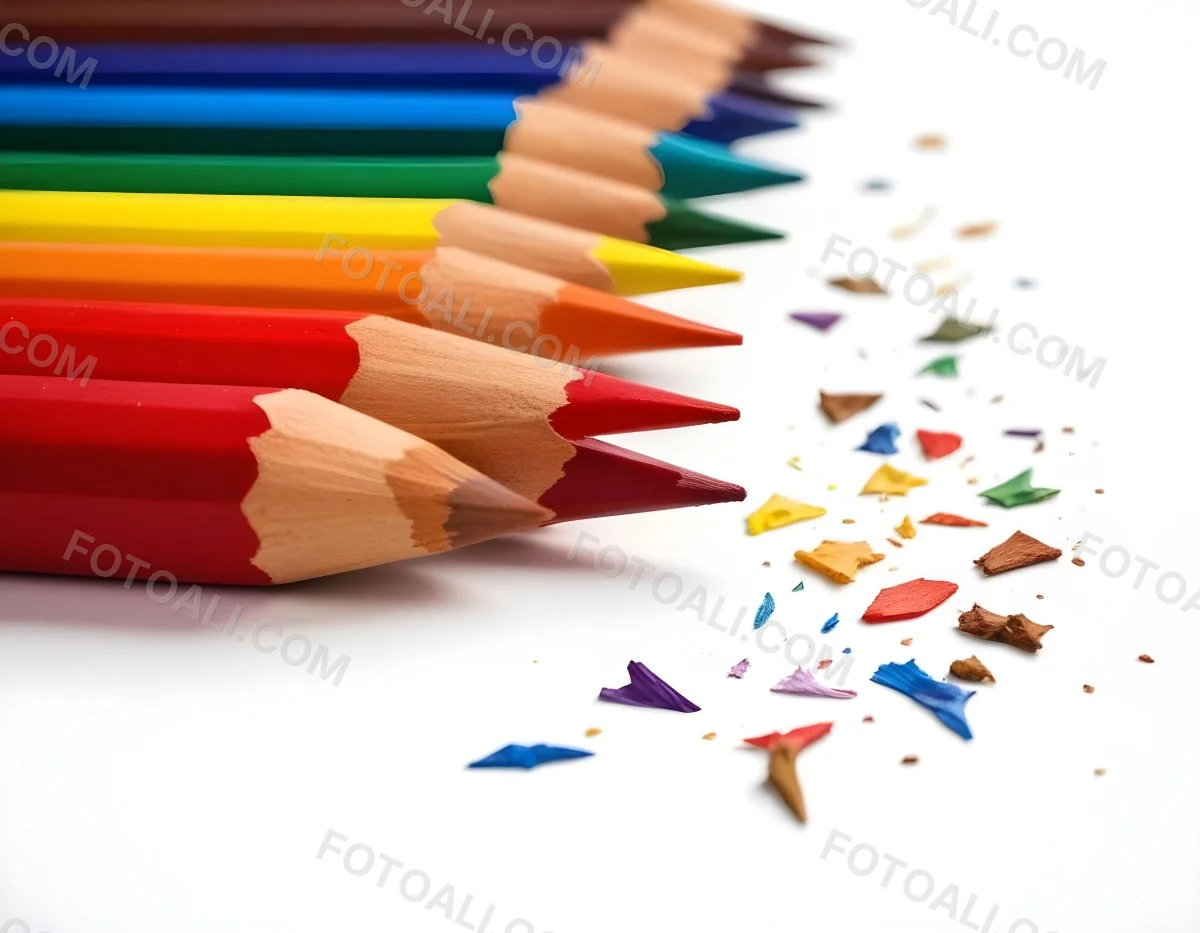 Colored Pencils In A Row With Rainbow Colors Red Yellow Green Blue And Brown With Shavings On A White Background 8 3943 1958