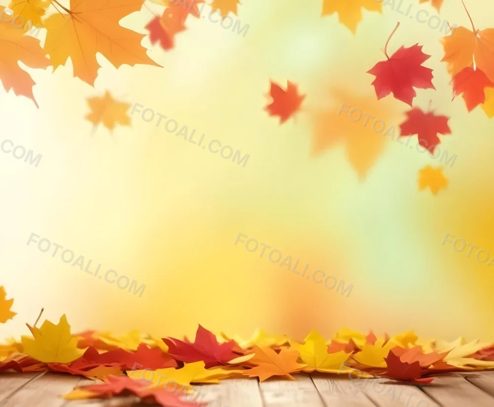 Colorful Autumn Leaves Falling On A Blurred Yellow And Orange Background With A Wooden Surface In The Foreground 5 4ac9