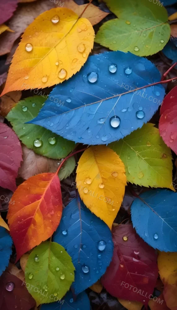 Colorful Autumn Leaves With Water Droplets Including Yellow Leaves Orange Leaves Red Leaves And Blue Green Leaves 15 Df2c