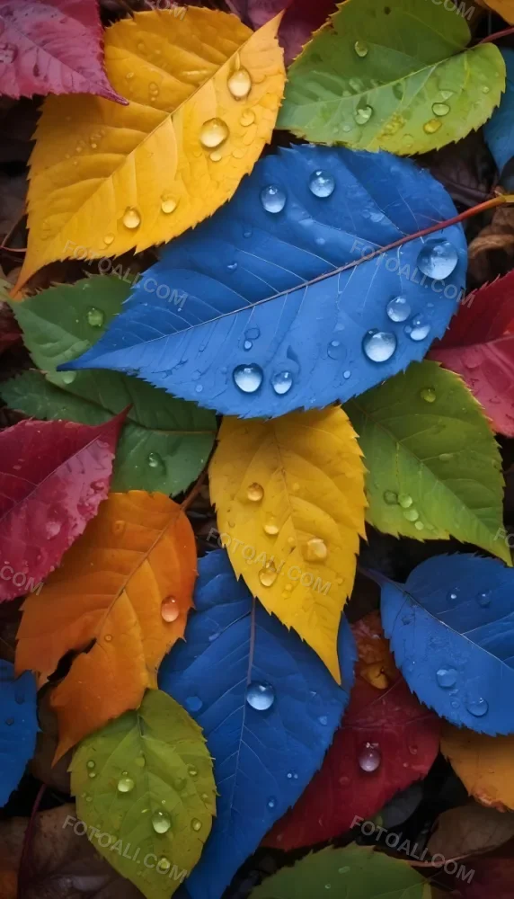 Colorful Autumn Leaves With Water Droplets Including Yellow Leaves Orange Leaves Red Leaves And Blue Green Leaves 17 8ddb