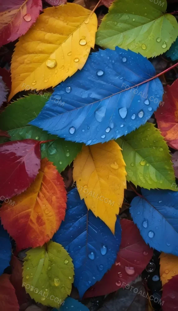 Colorful Autumn Leaves With Water Droplets Including Yellow Leaves Orange Leaves Red Leaves And Blue Green Leaves 2 737b