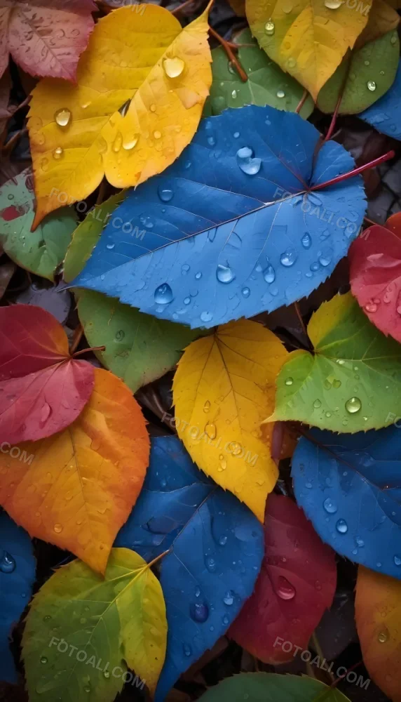 Colorful Autumn Leaves With Water Droplets Including Yellow Leaves Orange Leaves Red Leaves And Blue Green Leaves 4 4c98