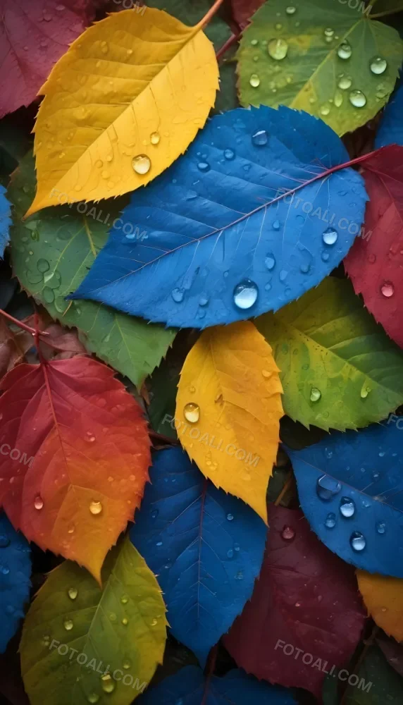 Colorful Autumn Leaves With Water Droplets Including Yellow Leaves Orange Leaves Red Leaves And Blue Green Leaves 7 B377