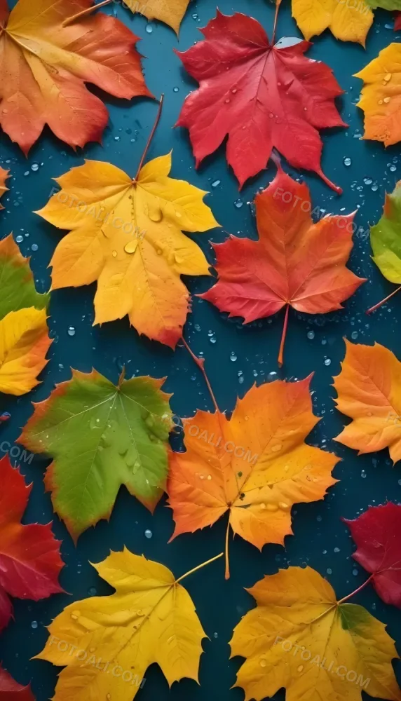 Colorful Autumn Leaves With Water Droplets Including Yellow Leaves Orange Leaves Red Leaves And Blue Green Leaves 8 7e54