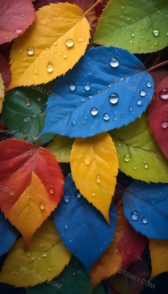 Colorful Autumn Leaves With Water Droplets Including Yellow Leaves Orange Leaves Red Leaves And Blue Green Leaves 9 2c18