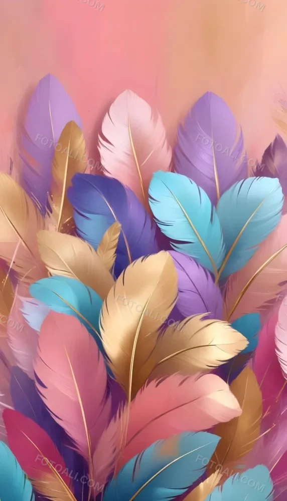 Colorful Feathers In Shades Of Pink Blue And Gold Arranged In A Decorative Pattern 123 24e4