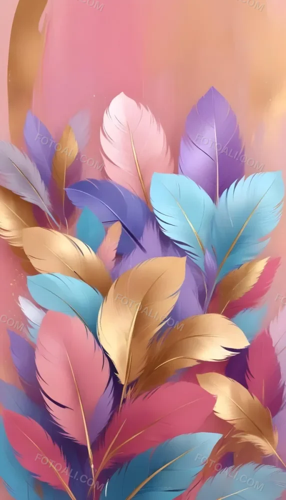 Colorful Feathers In Shades Of Pink Blue And Gold Arranged In A Decorative Pattern 220 164f