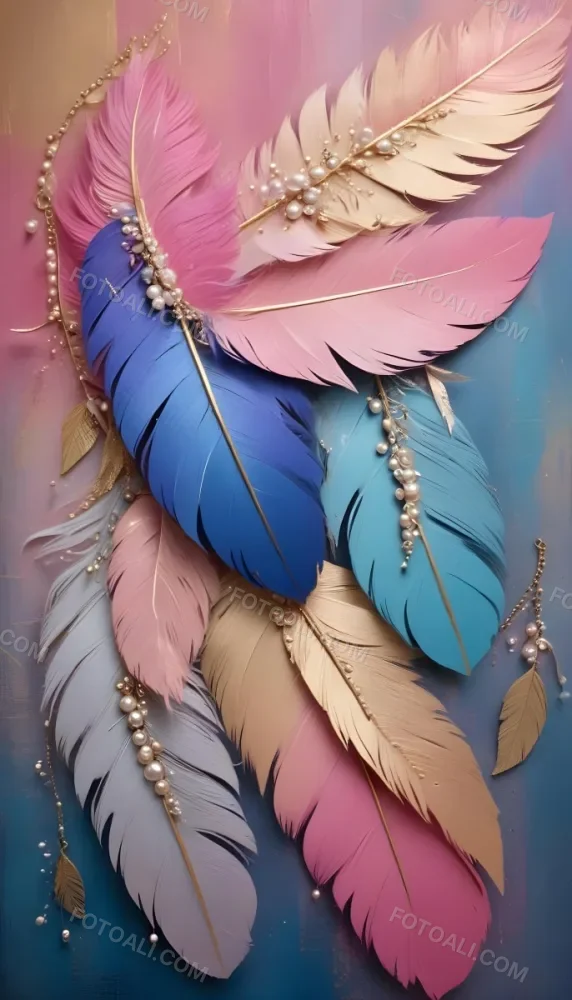 Colorful Feathers In Shades Of Pink Blue And Gold Arranged In A Decorative Pattern 445 5b49