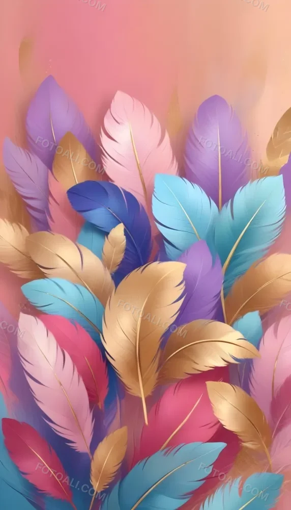 Colorful Feathers In Shades Of Pink Blue And Gold Arranged In A Decorative Pattern 79 2d16