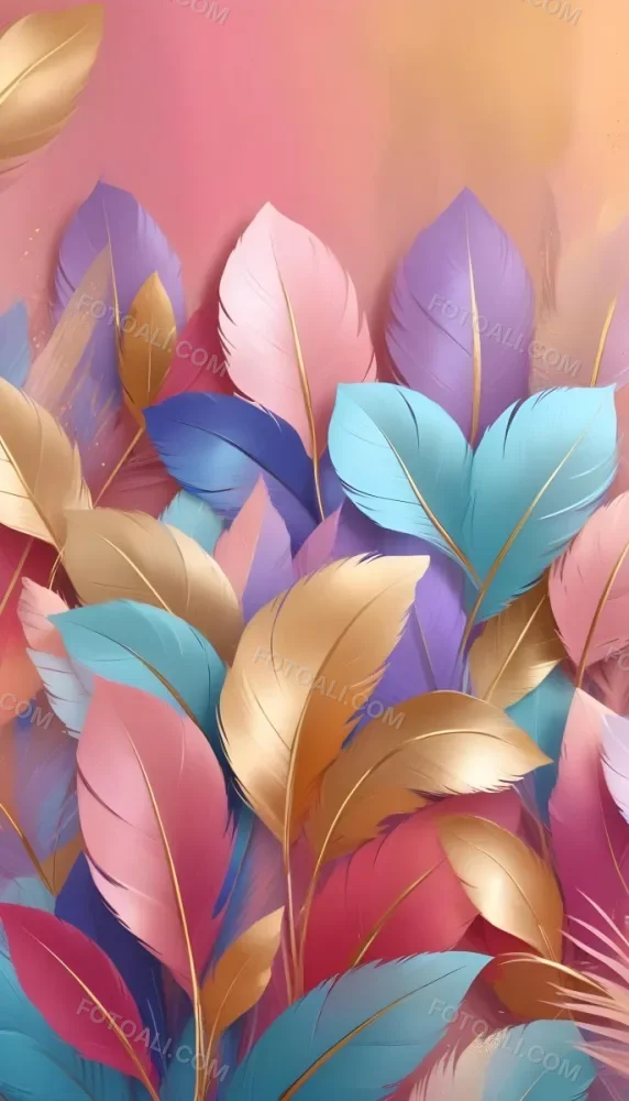 Colorful Feathers In Shades Of Pink Blue And Gold Arranged In A Decorative Pattern 87 0e86