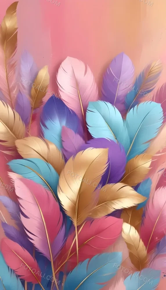 Colorful Feathers In Shades Of Pink Blue And Gold Arranged In A Decorative Pattern 9 2c2e