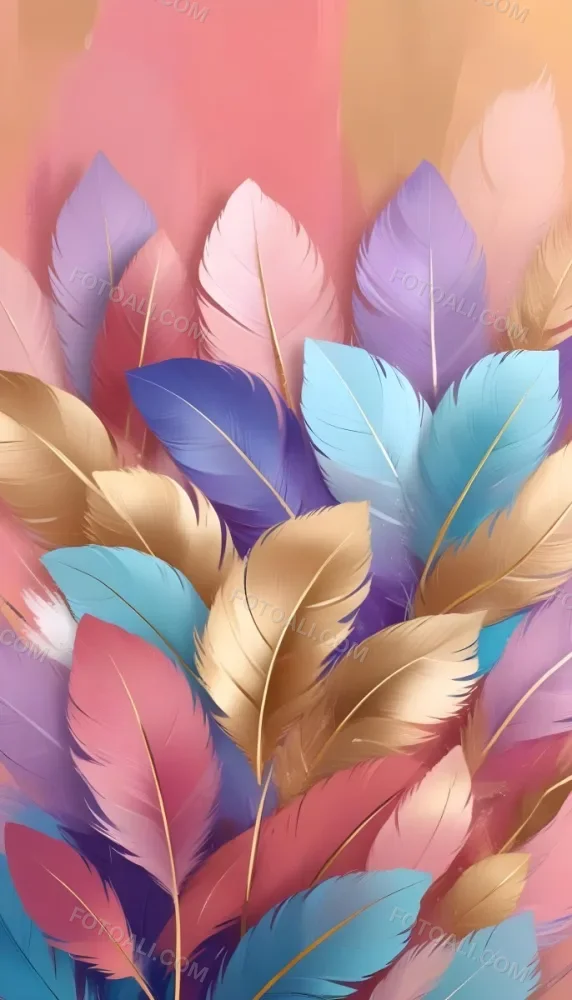 Colorful Feathers In Shades Of Pink Blue And Gold Arranged In A Decorative Pattern 95 E458