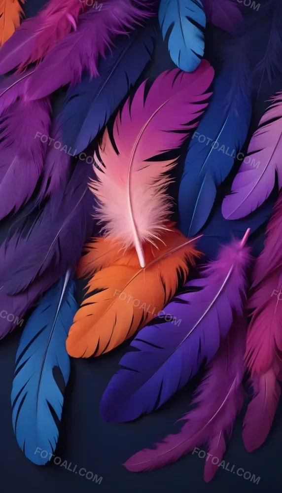 Colorful Feathers In Shades Of Pink Purple Blue And Orange Against A Dark Background 57 E35f