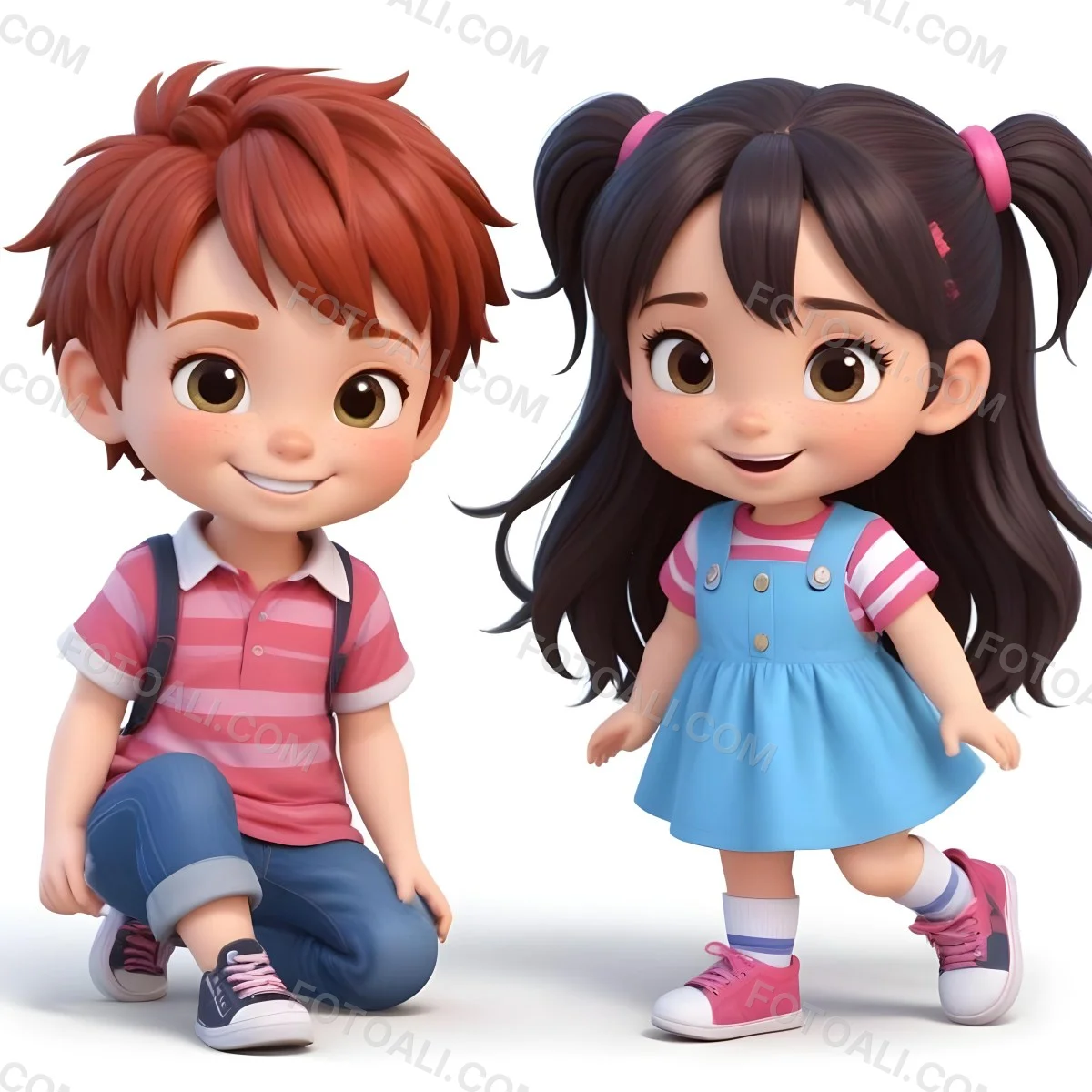 Colorful Flat Illustration Classical Animes A Boy With Red Hair Wearing A Red And White Striped Shirt And Blue Jeans Kneels On The Left A Girl With Long Black Hair Styled In Two Ponytails With Colorful Clips Stand 13 E430