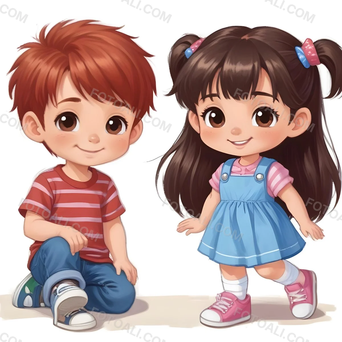 Colorful Flat Illustration Classical Animes A Boy With Red Hair Wearing A Red And White Striped Shirt And Blue Jeans Kneels On The Left A Girl With Long Black Hair Styled In Two Ponytails With Colorful Clips Stand 19 2fbc