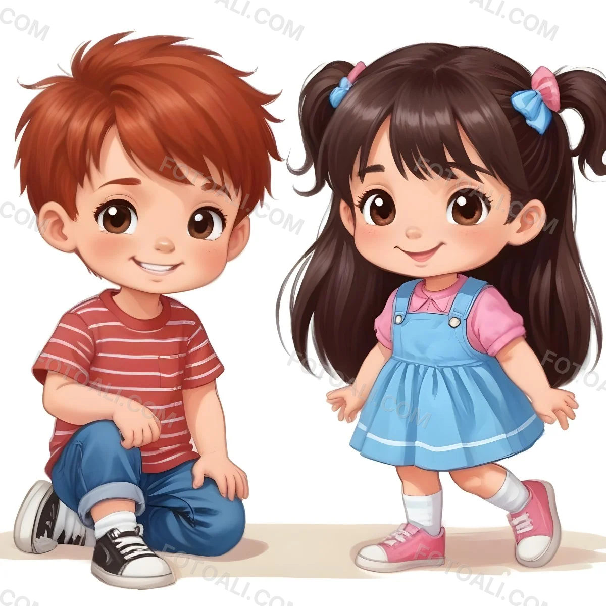 Colorful Flat Illustration Classical Animes A Boy With Red Hair Wearing A Red And White Striped Shirt And Blue Jeans Kneels On The Left A Girl With Long Black Hair Styled In Two Ponytails With Colorful Clips Stand 20 0a8d