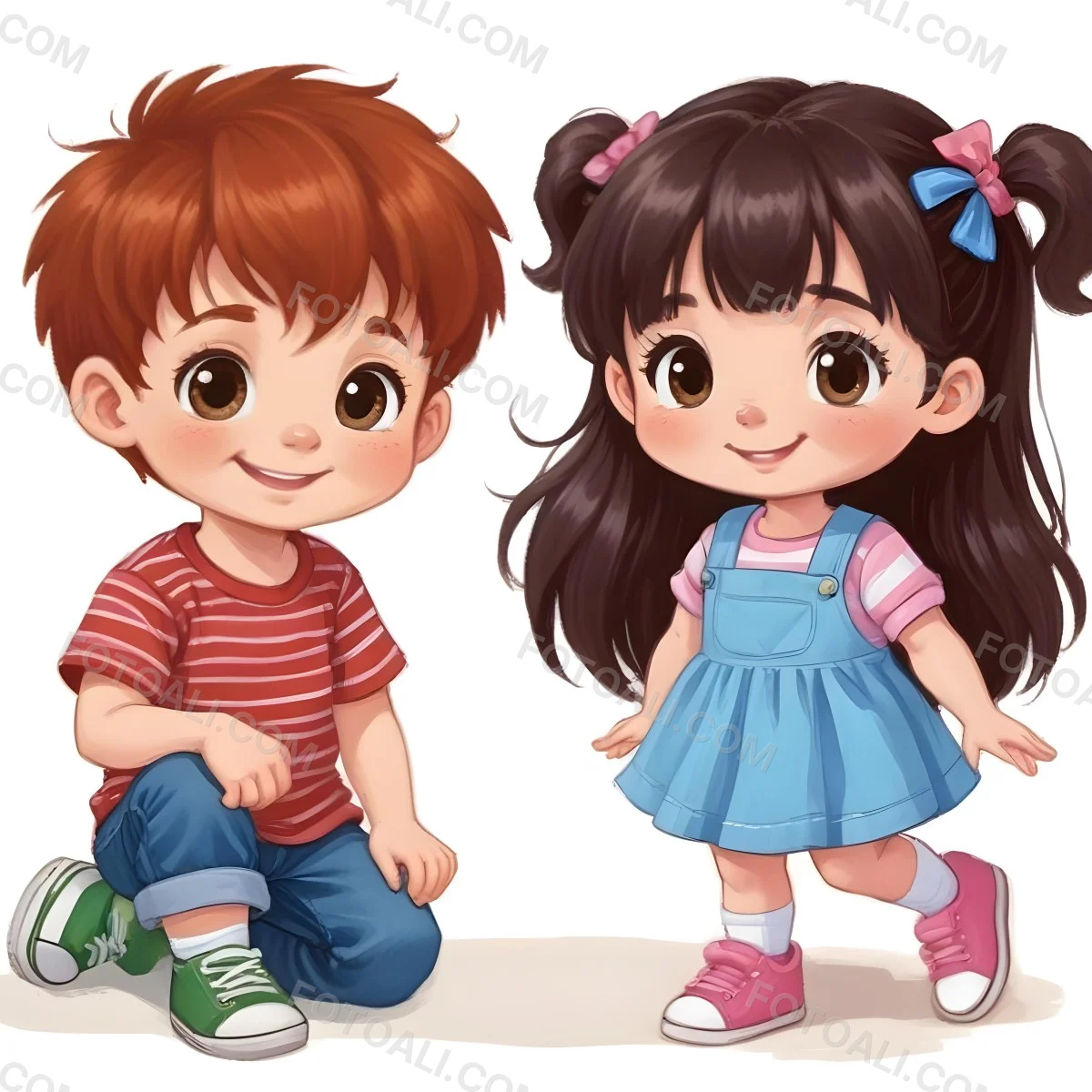 Colorful Flat Illustration Classical Animes A Boy With Red Hair Wearing A Red And White Striped Shirt And Blue Jeans Kneels On The Left A Girl With Long Black Hair Styled In Two Ponytails With Colorful Clips Stand 27 579d