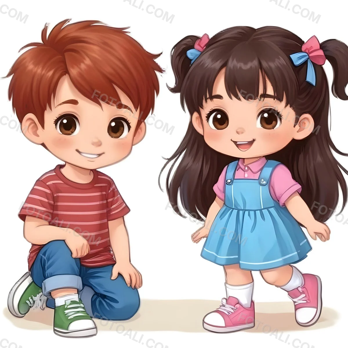 Colorful Flat Illustration Classical Animes A Boy With Red Hair Wearing A Red And White Striped Shirt And Blue Jeans Kneels On The Left A Girl With Long Black Hair Styled In Two Ponytails With Colorful Clips Stand 28 70b4