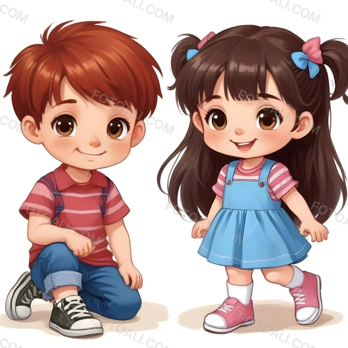 Colorful Flat Illustration Classical Animes A Boy With Red Hair Wearing A Red And White Striped Shirt And Blue Jeans Kneels On The Left A Girl With Long Black Hair Styled In Two Ponytails With Colorful Clips Stand 29 De65