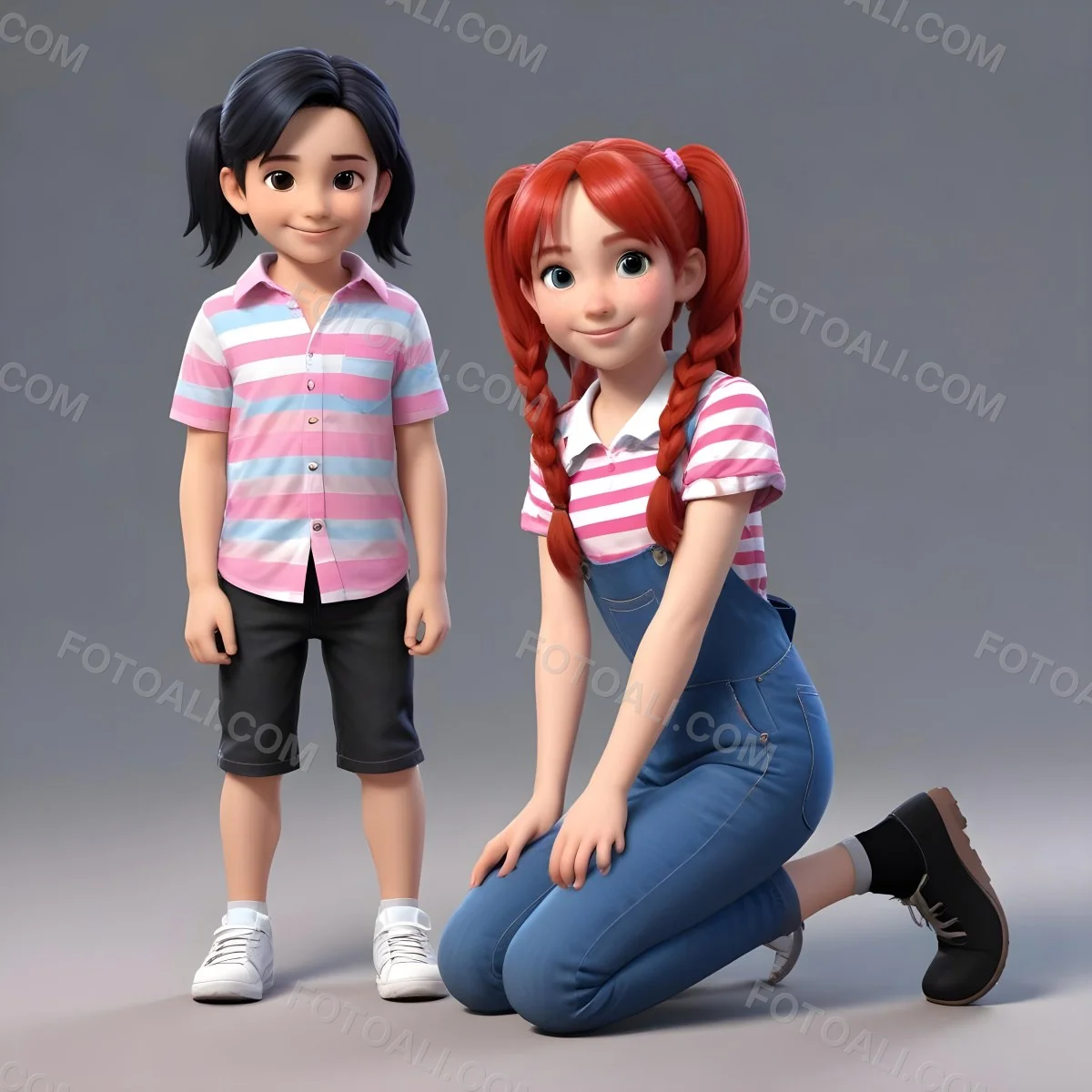 Colorful Flat Illustration Classical Animes A Boy With Red Hair Wearing A Red And White Striped Shirt And Blue Jeans Kneels On The Left A Girl With Long Black Hair Styled In Two Ponytails With Colorful Clips Stand 3 0731