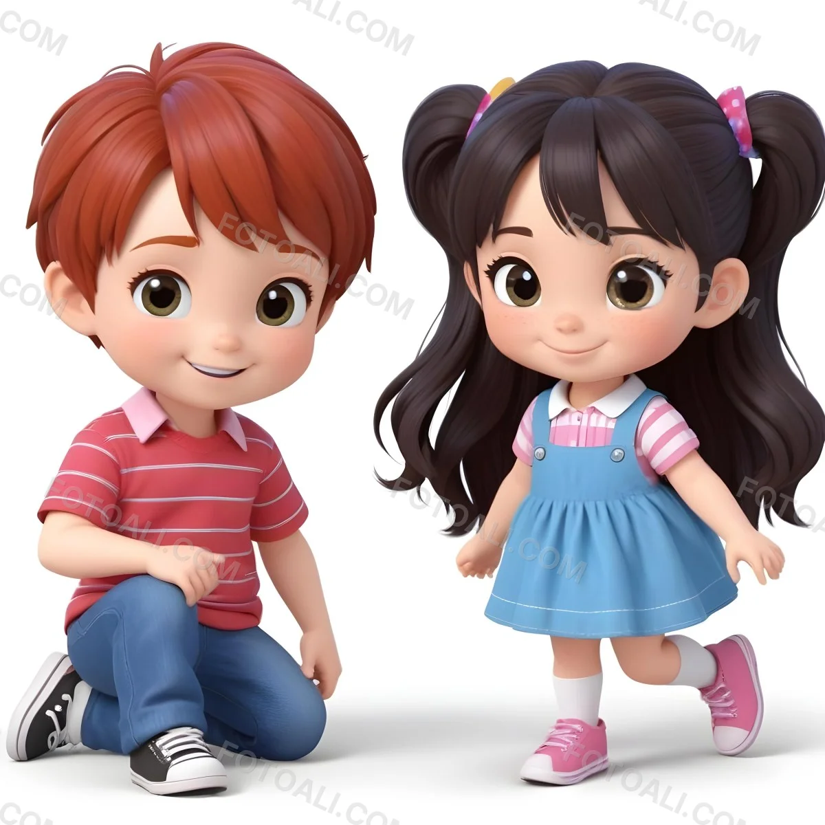 Colorful Flat Illustration Classical Animes A Boy With Red Hair Wearing A Red And White Striped Shirt And Blue Jeans Kneels On The Left A Girl With Long Black Hair Styled In Two Ponytails With Colorful Clips Stand 4 00d7